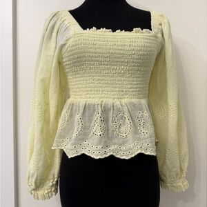 American Eagle Outfitters  Yellow Lime  Eyelet Peplum Balloon Sleeve Top Medium